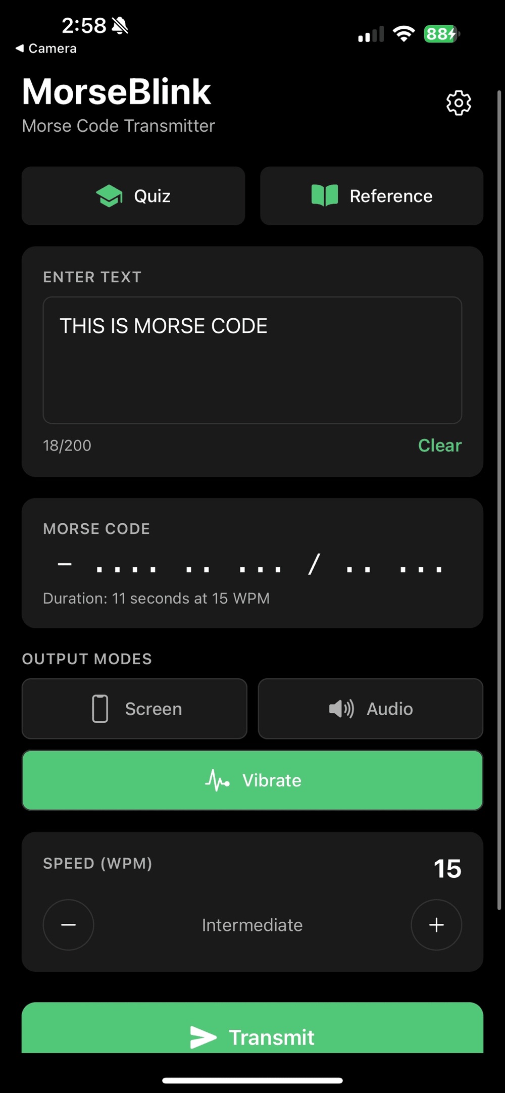 MorseBlink transmitter with THIS IS MORSE CODE typed into the text box, the translated dots and dashes shown below it and a note reading duration 11 seconds at 15 WPM, with Screen, Audio and Vibrate output modes and Vibrate switched on.