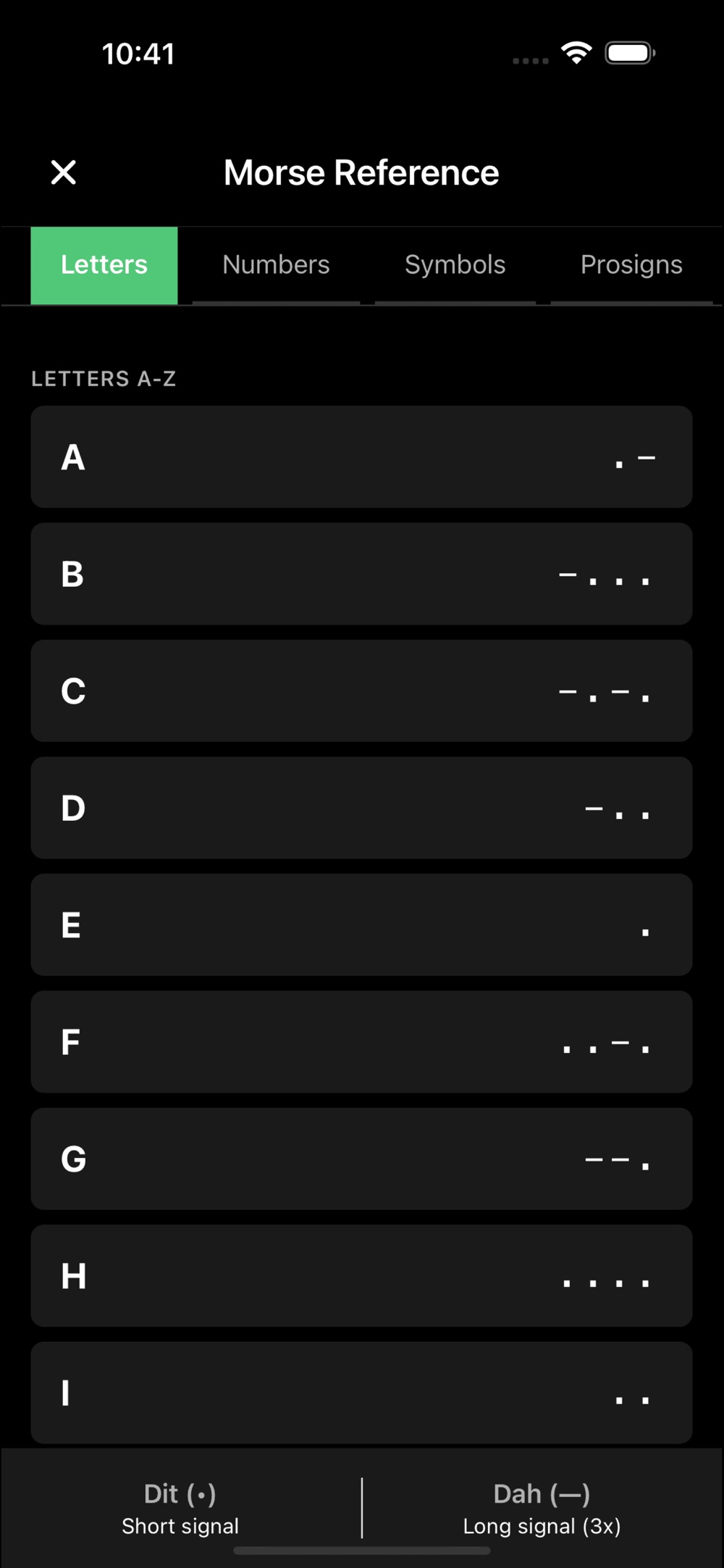Morse Reference chart open on the Letters tab, listing A through I with their dot-and-dash patterns in rows, alongside Numbers, Symbols and Prosigns tabs and a footer explaining dit as a short signal and dah as a long signal three times its length.
