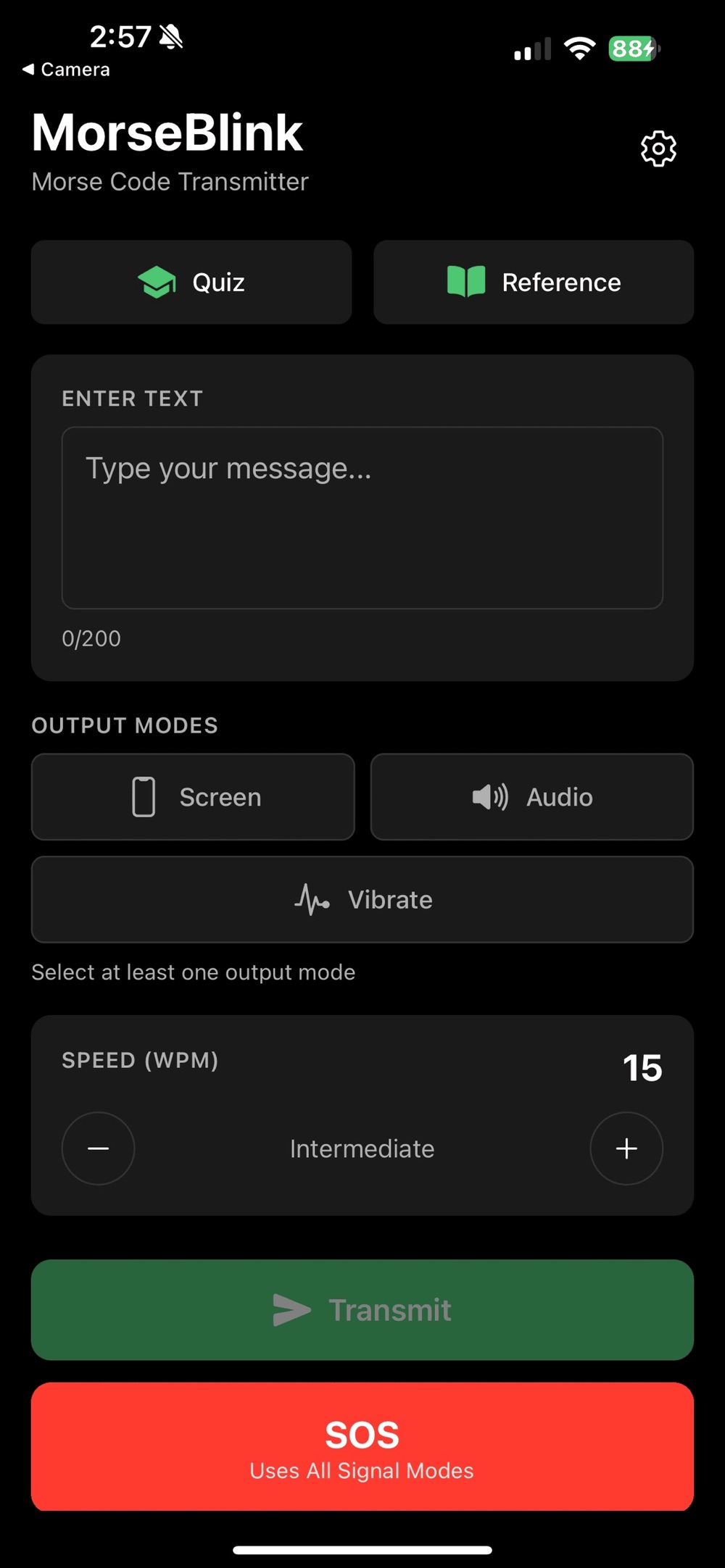 MorseBlink home screen with an empty message box, Quiz and Reference shortcuts, Screen, Audio and Vibrate output mode buttons, a speed dial reading 15 WPM Intermediate, and a large red SOS button labelled uses all signal modes.
