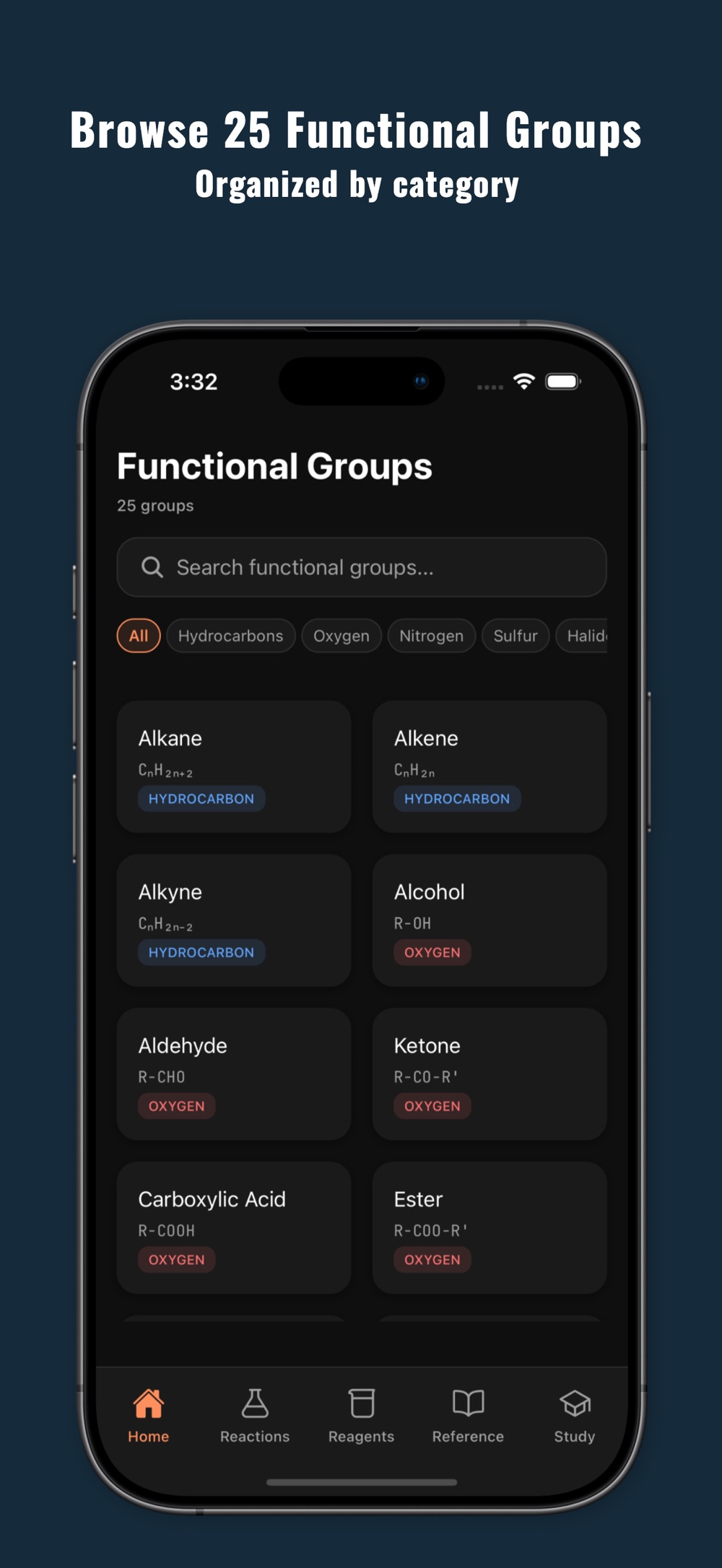 Functional Groups screen showing 25 groups with category filters for hydrocarbons, oxygen, nitrogen, sulfur and halides; cards for alkane, alkene, alkyne, alcohol, aldehyde, ketone, carboxylic acid and ester show each general formula.