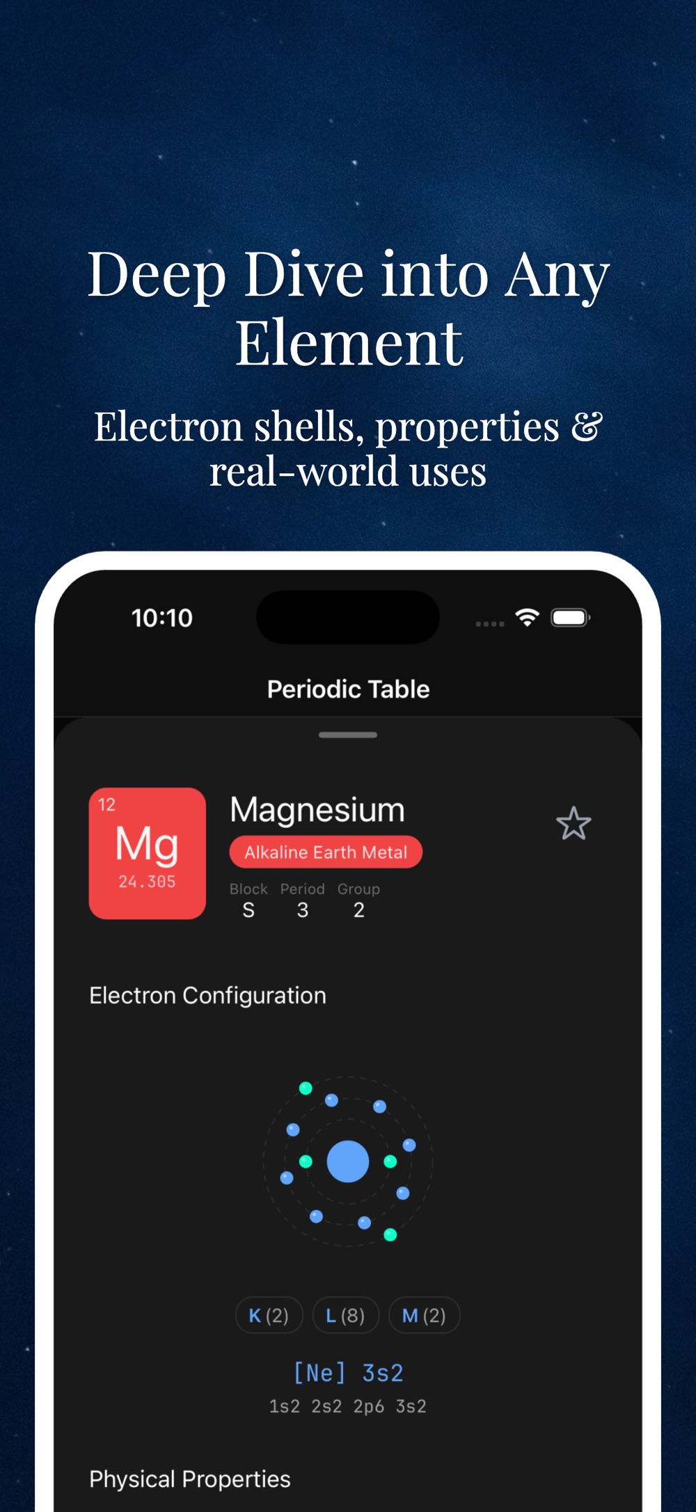 Magnesium element detail sheet showing the alkaline earth metal tag, block S, period 3, group 2, an animated electron shell diagram with K, L and M shell counts, and the [Ne] 3s2 electron configuration.