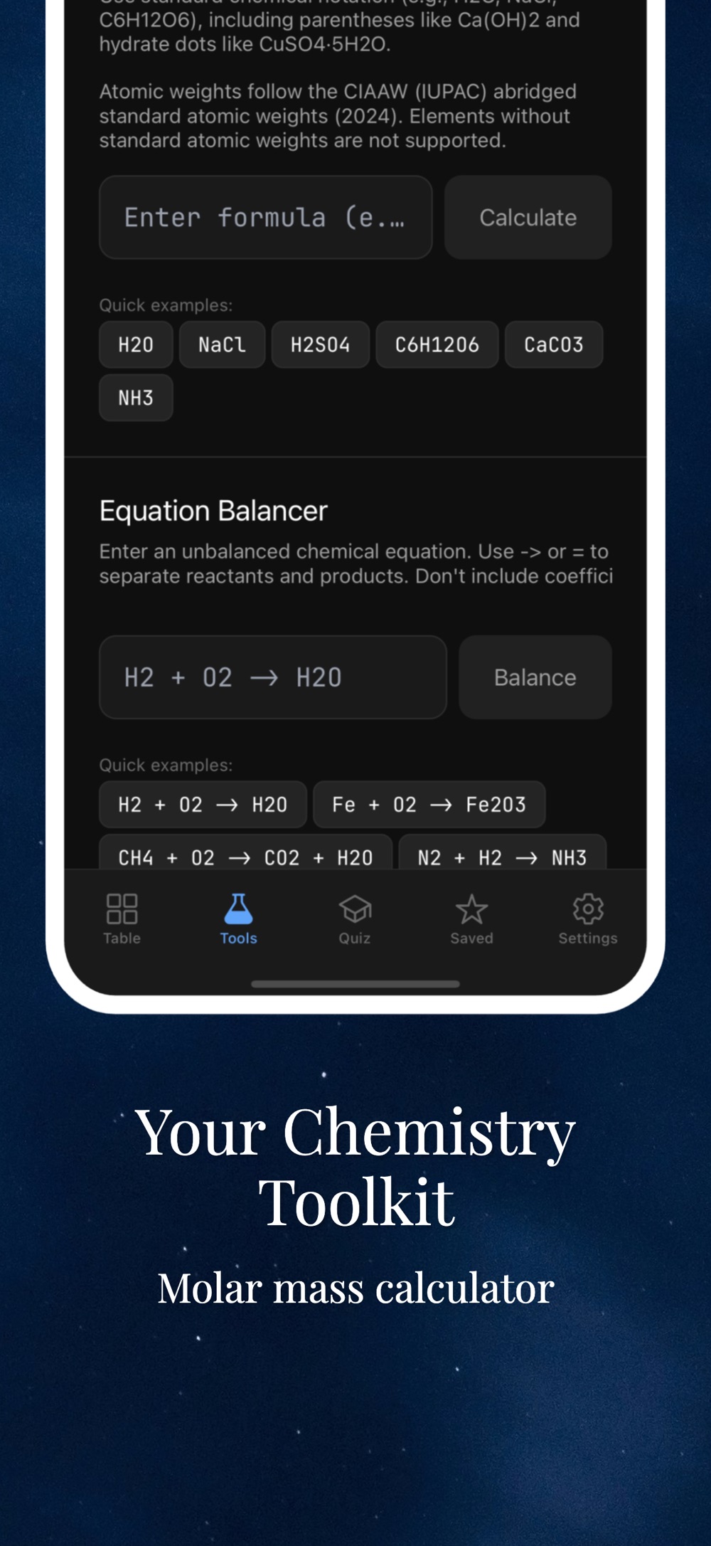 Tools tab showing the molar mass calculator with a formula field and quick examples such as H2O, NaCl and CaCO3, above an equation balancer with the H2 plus O2 to H2O example.