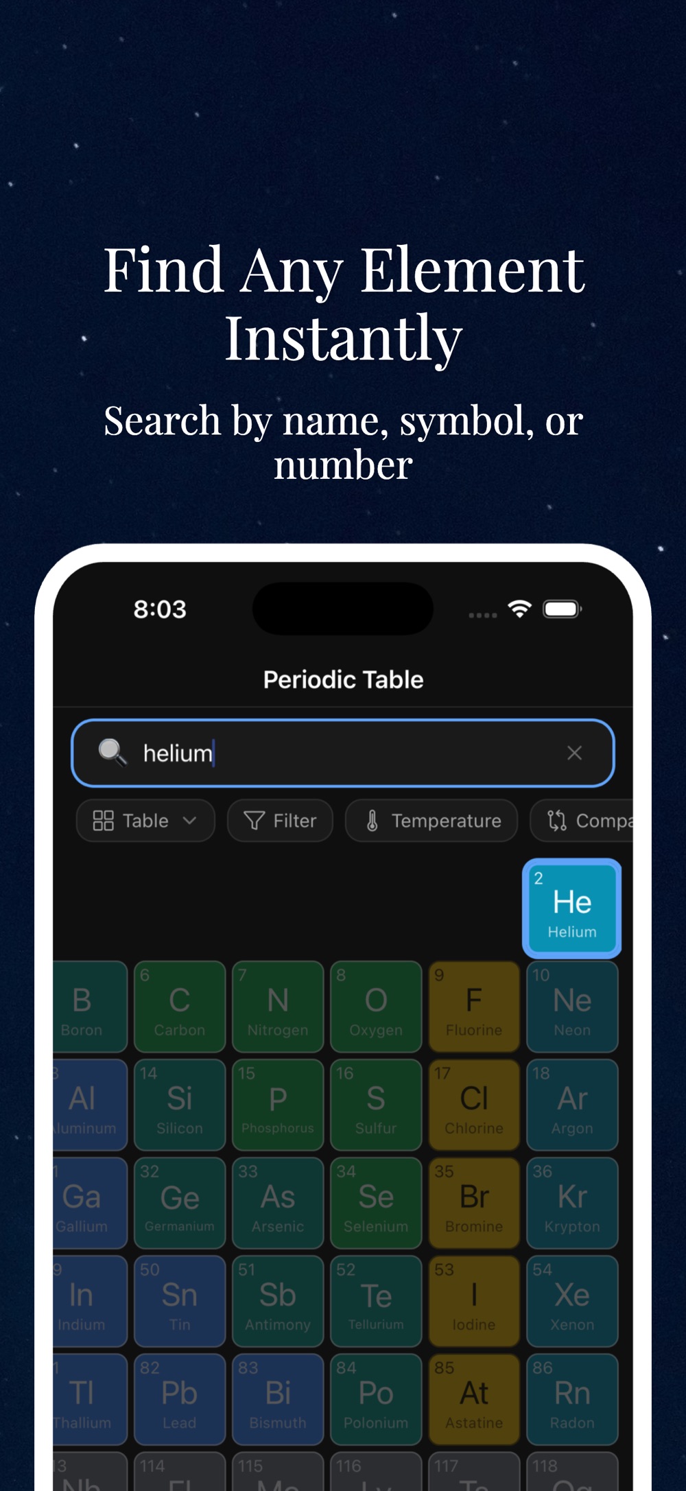 Periodic table search screen with helium typed into the search field; the helium tile is highlighted in the table while the remaining element tiles dim.
