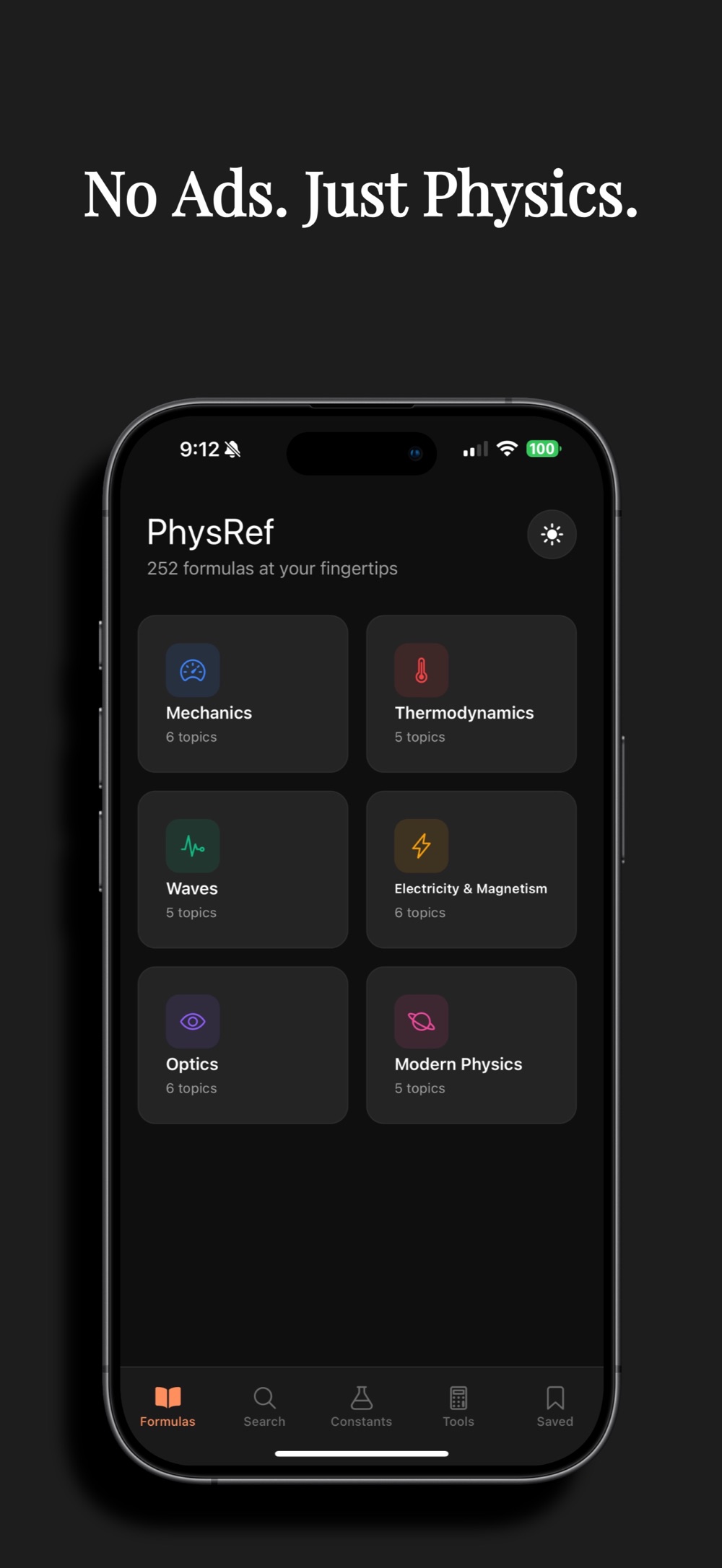 PhysRef home screen headed 252 formulas at your fingertips, with topic cards for Mechanics, Thermodynamics, Waves, Electricity and Magnetism, Optics and Modern Physics, each showing its topic count.