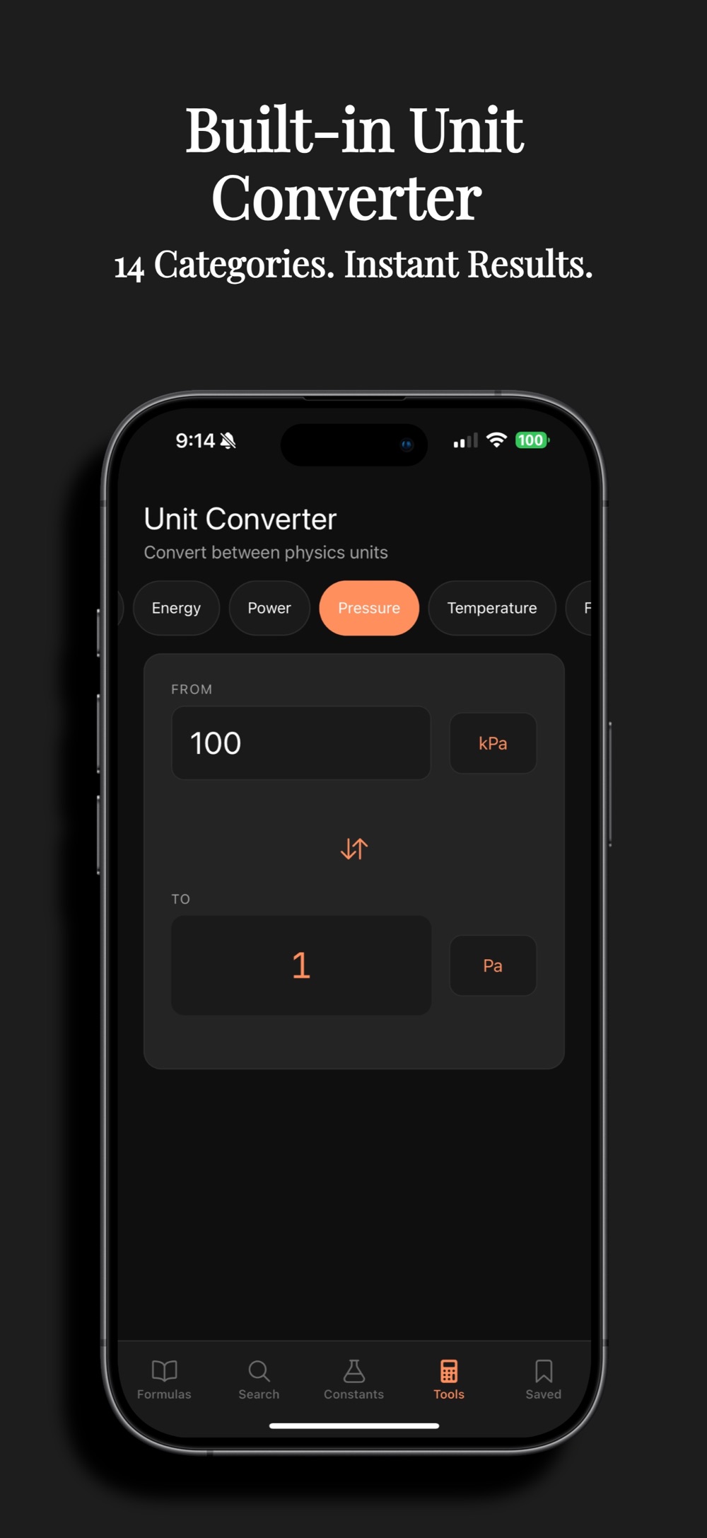 Unit converter set to the Pressure category, converting 100 kilopascals to pascals, with category chips for energy, power, pressure and temperature along the top.
