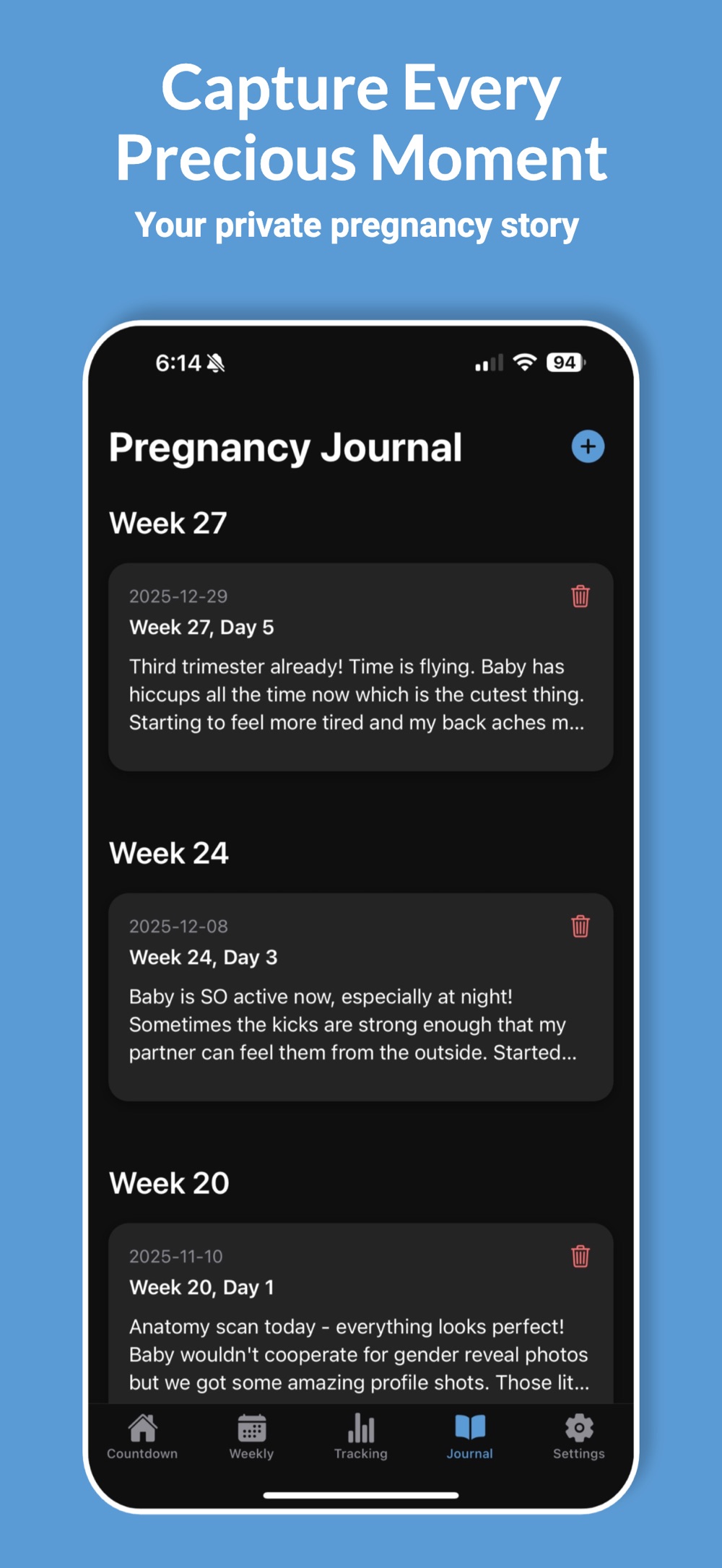 Pregnancy Journal grouped by week, showing dated entries for week 27 day 5, week 24 day 3 and week 20 day 1 with personal notes about the third trimester, the baby being active at night, and an anatomy scan.