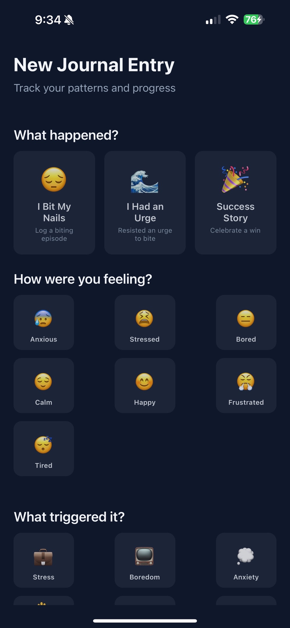 New Journal Entry screen asking what happened with options for I bit my nails, I had an urge, or a success story, then how were you feeling with anxious, stressed, bored, calm, happy, frustrated and tired, and a what triggered it row with stress, boredom and anxiety.