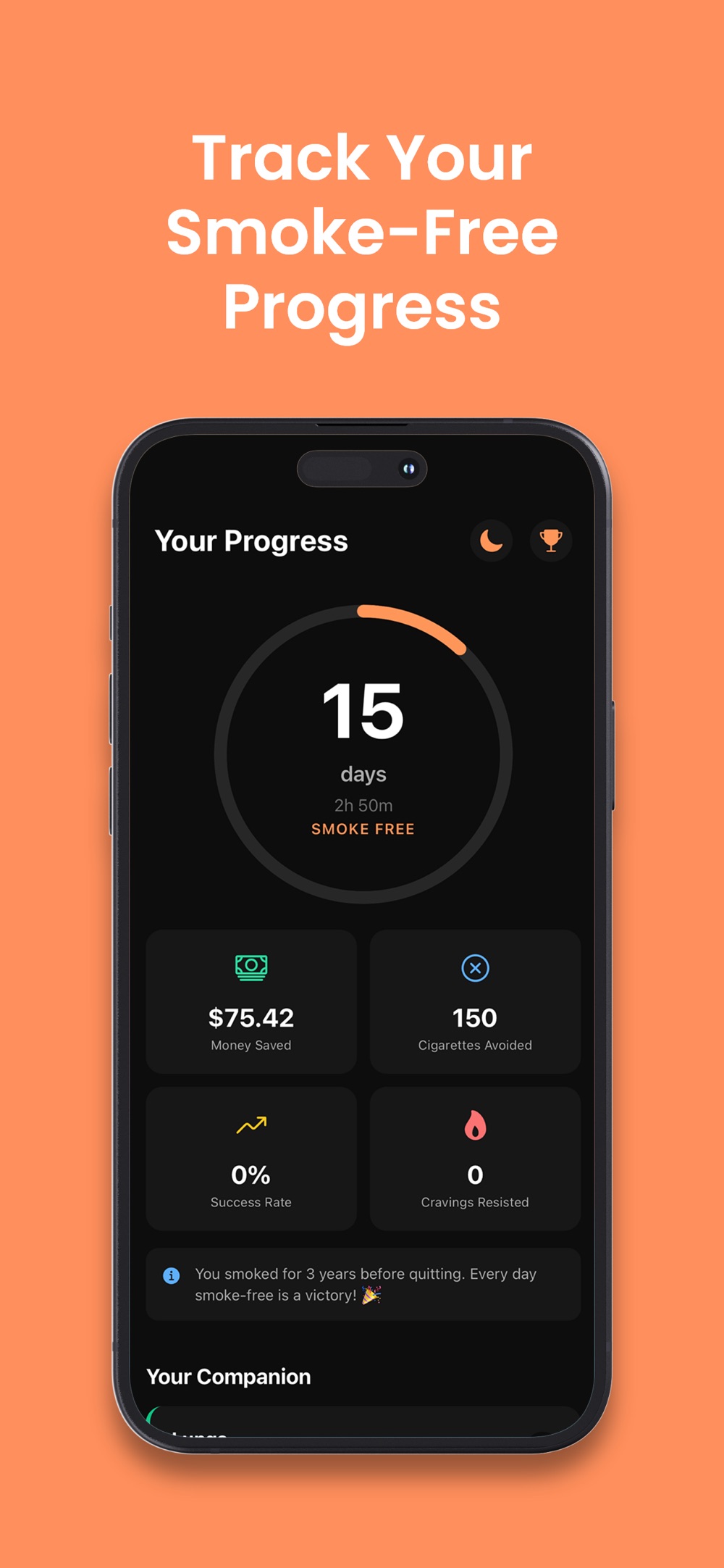 ClearLung progress screen showing 15 days smoke free, $75.42 saved, 150 cigarettes avoided and a success rate tile.