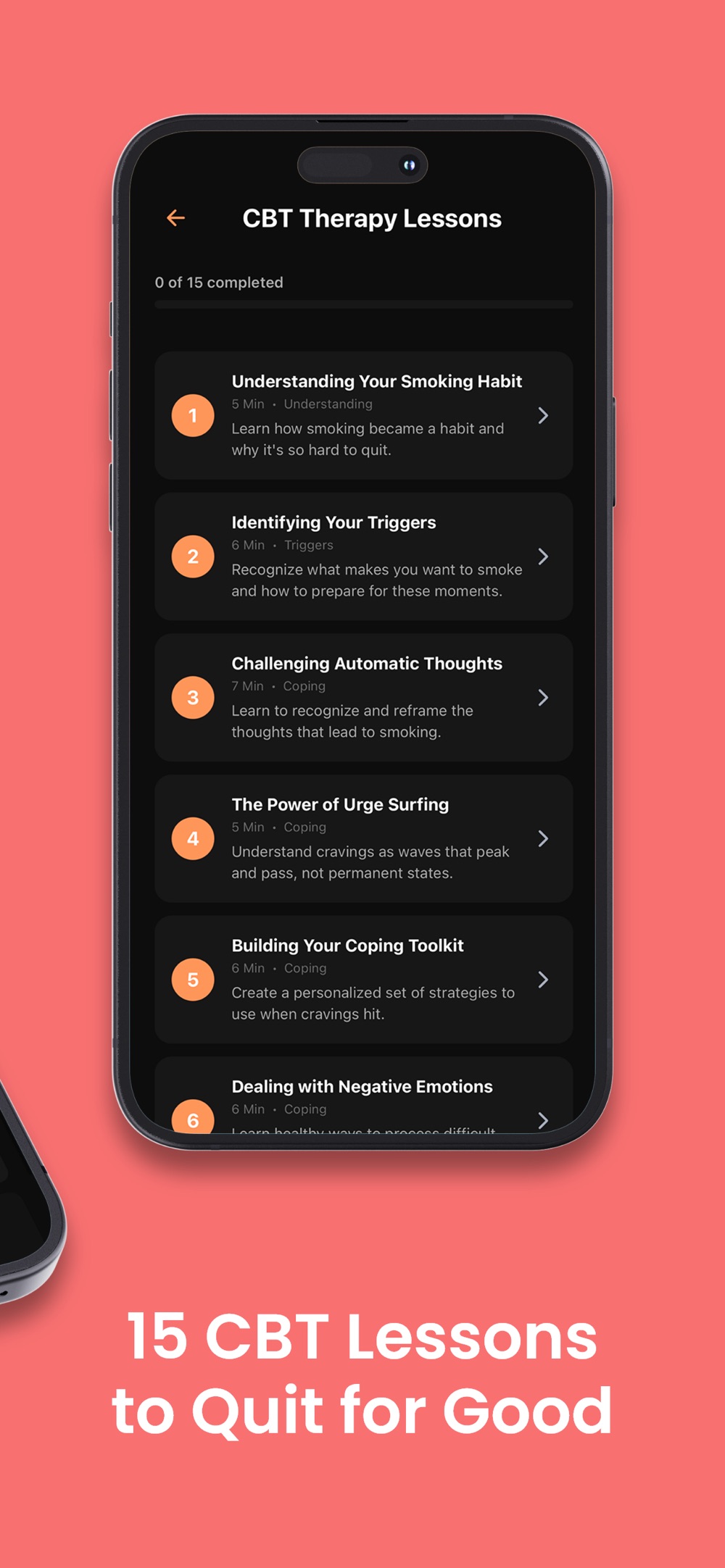 CBT therapy lessons list showing understanding your smoking habit, identifying your triggers, challenging automatic thoughts, urge surfing and building your coping toolkit, each with a length in minutes.