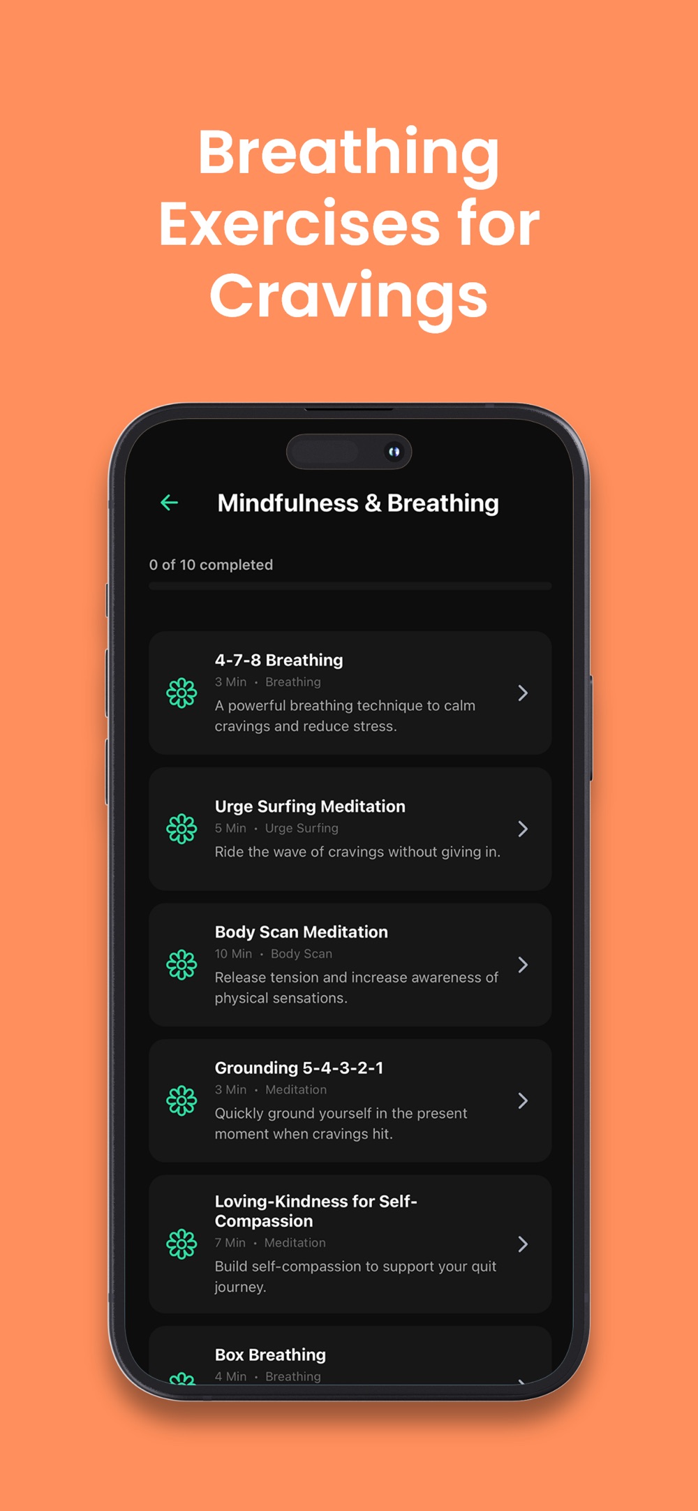Mindfulness and breathing library listing 4-7-8 breathing, urge surfing meditation, body scan, grounding 5-4-3-2-1, loving-kindness and box breathing.
