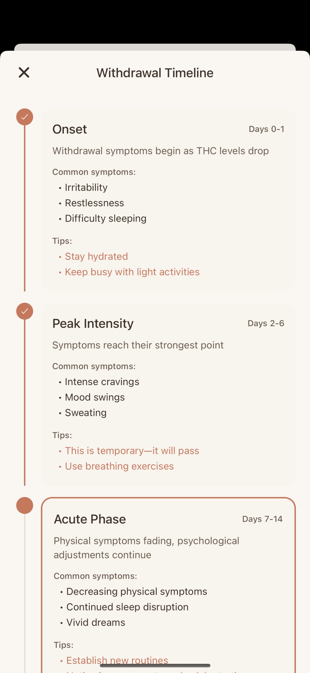 The Withdrawal Timeline screen listing Onset on days zero to one with irritability, restlessness and difficulty sleeping, Peak Intensity on days two to six with intense cravings, mood swings and sweating, and the Acute Phase on days seven to fourteen, each with practical tips.