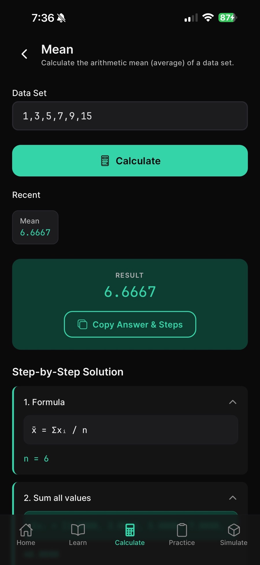 The Mean calculator in StatRise with the data set 1, 3, 5, 7, 9, 15 entered, a result of 6.6667 with a Copy Answer and Steps button, and a Step-by-Step Solution beginning with the formula x-bar equals the sum of x sub i divided by n, where n equals 6.