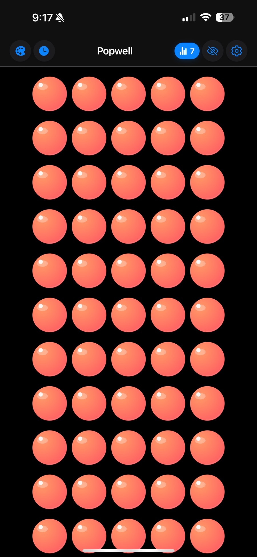 Popwell's main screen: a full-screen grid of glossy coral bubbles, five to a row, with a palette button, a session timer button, a pop counter reading 7, a hide-interface toggle and a settings gear across the top bar.