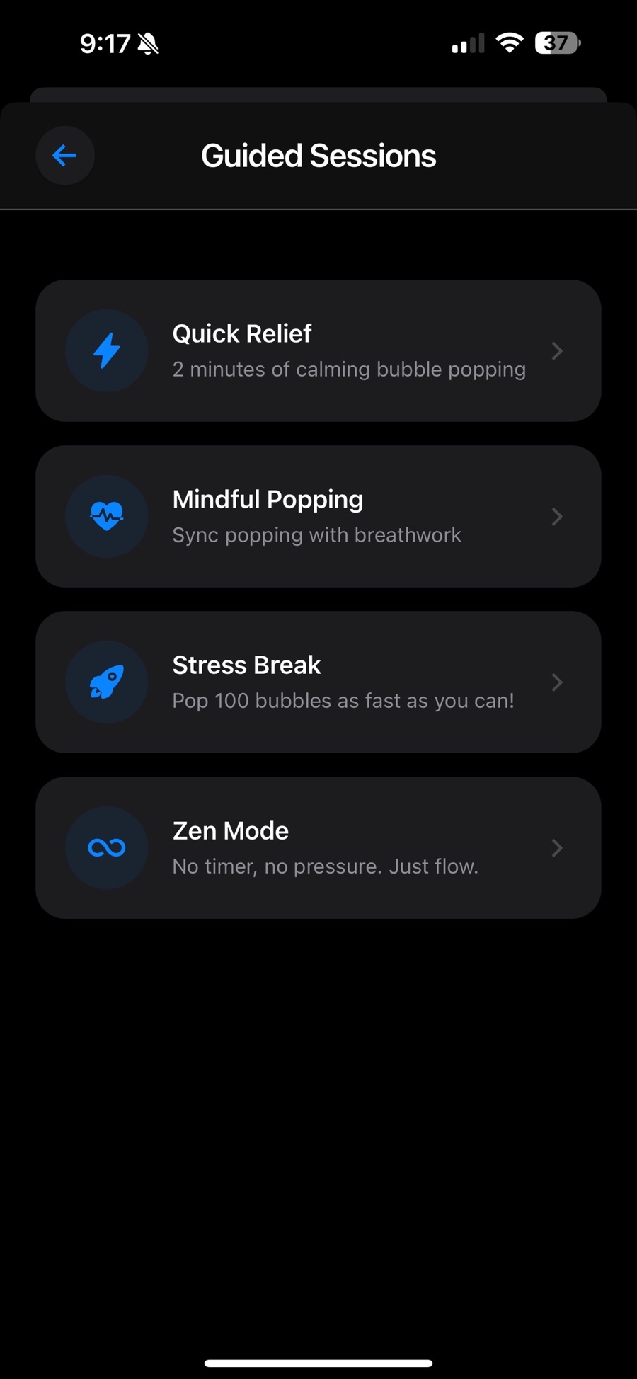 Popwell's Guided Sessions list with four options: Quick Relief for two minutes of calming bubble popping, Mindful Popping to sync popping with breathwork, Stress Break to pop 100 bubbles as fast as you can, and Zen Mode with no timer and no pressure.