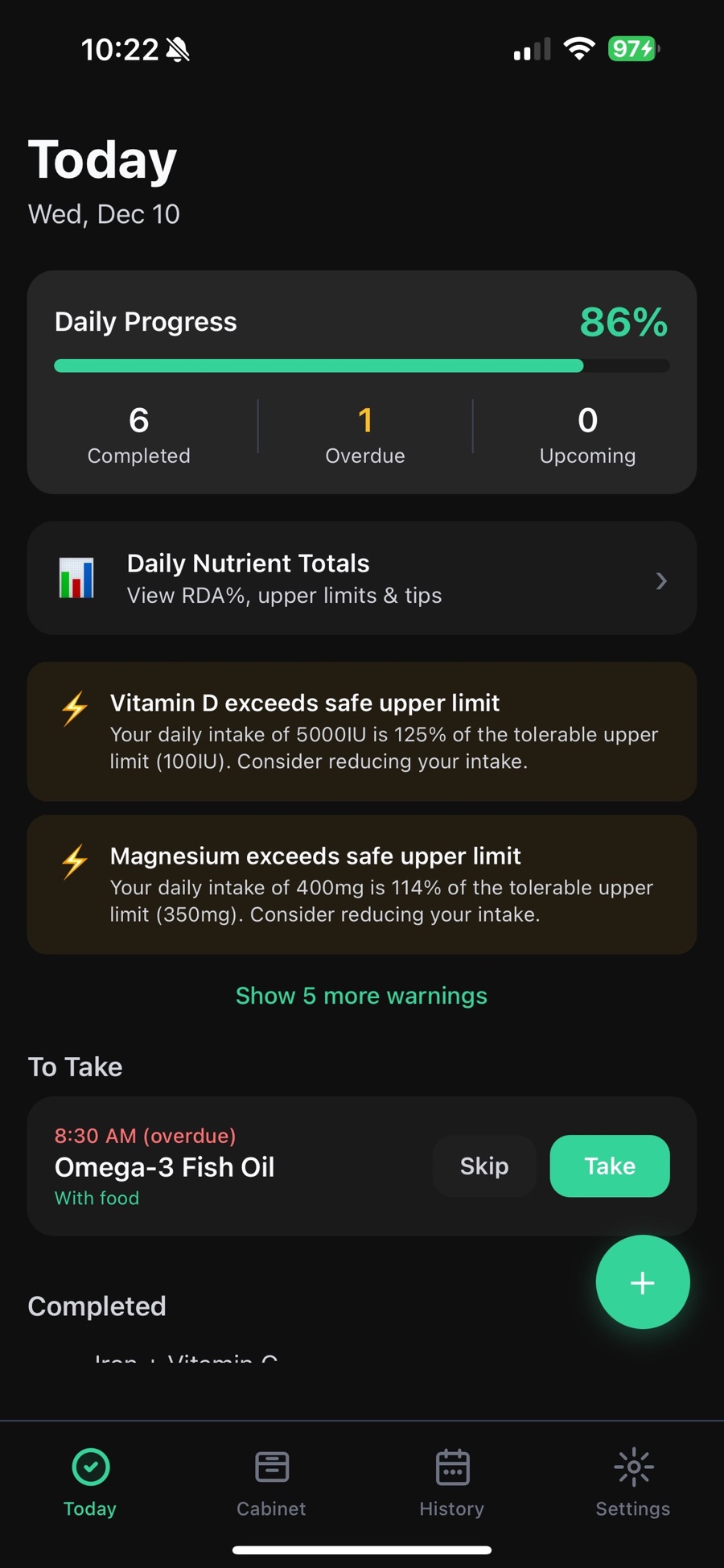 Capsuly's Today screen for Wednesday Dec 10 showing 86 percent daily progress with 6 completed, 1 overdue and 0 upcoming doses, a Daily Nutrient Totals row, amber warnings that vitamin D at 5000 IU and magnesium at 400 mg exceed their tolerable upper limits, and an overdue 8:30 AM Omega-3 Fish Oil dose with Skip and Take buttons.