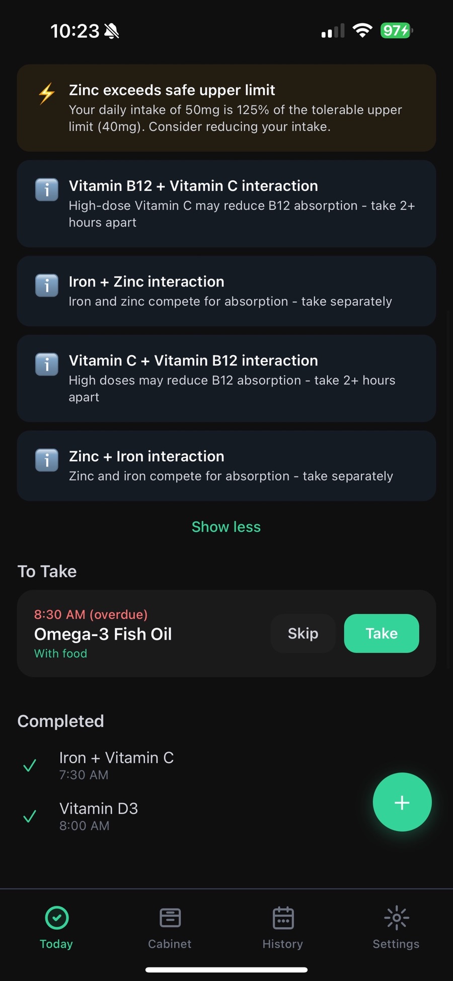 Capsuly's expanded warning list: zinc at 50 mg exceeds its 40 mg upper limit, plus interaction notes that high-dose vitamin C may reduce B12 absorption so take them two or more hours apart, and that iron and zinc compete for absorption so take them separately.