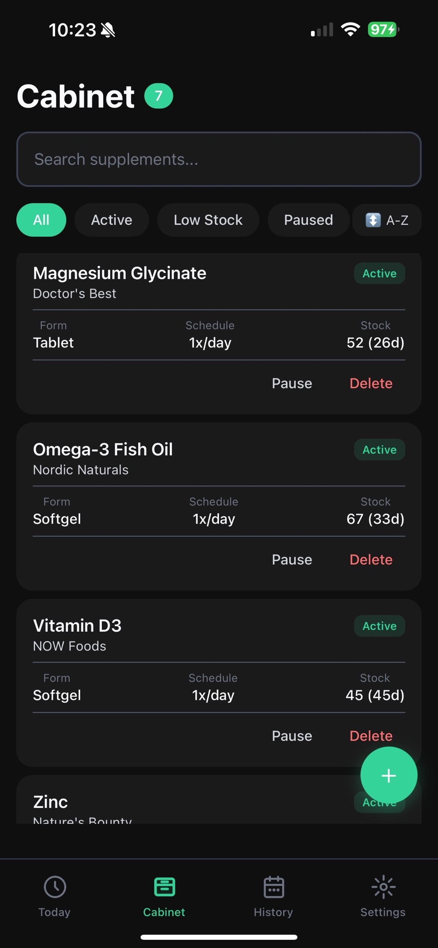 Capsuly's Cabinet tab listing 7 supplements with search and All, Active, Low Stock and Paused filters — Magnesium Glycinate by Doctor's Best, tablet, 1x per day, 52 left or 26 days; Omega-3 Fish Oil by Nordic Naturals, 67 left or 33 days; and Vitamin D3 by NOW Foods, 45 left or 45 days.