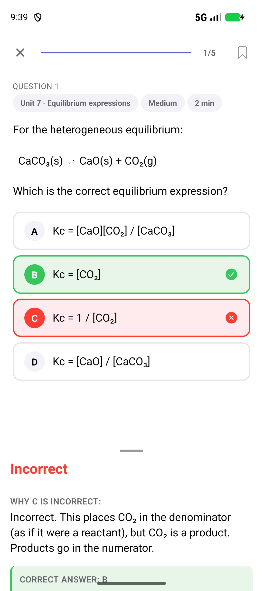 A ScoreMint AP Chemistry question asking for the equilibrium expression of CaCO3 decomposing into CaO and CO2. Choice B, Kc = [CO2], is highlighted green as correct; choice C is highlighted red as the answer picked, with an explanation beneath saying CO2 is a product, so it belongs in the numerator.