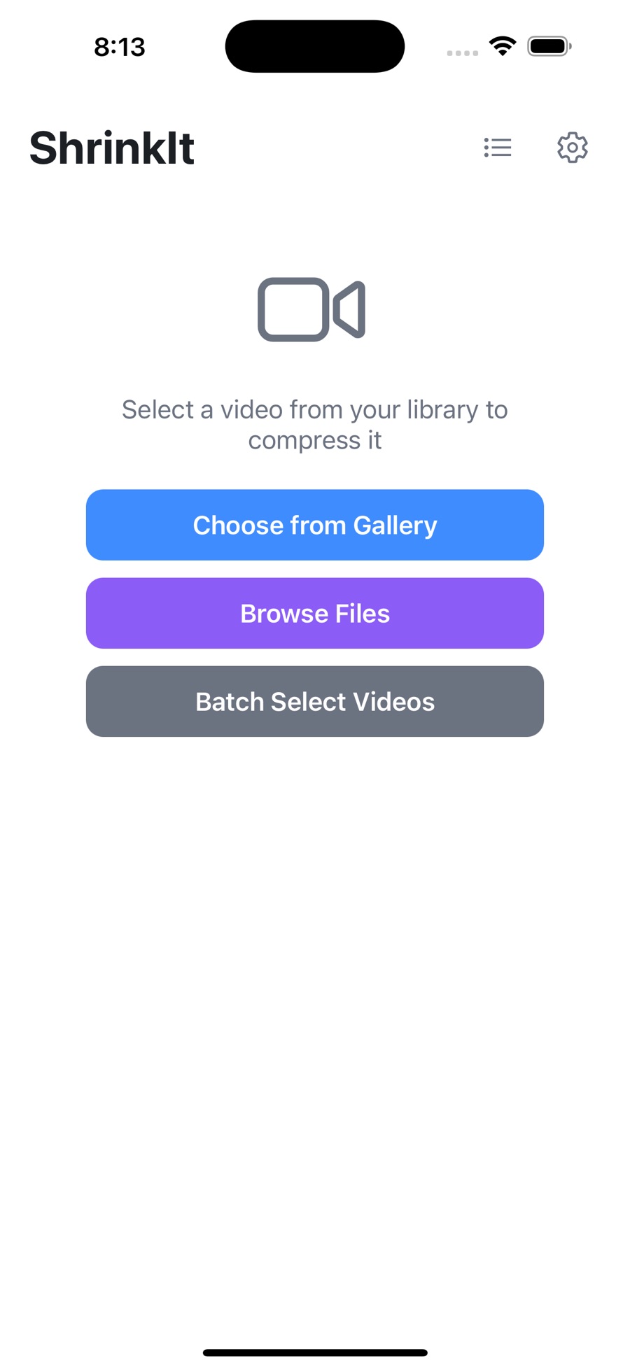 ShrinkIt's start screen: a video camera glyph above the buttons Choose from Gallery, Browse Files and Batch Select Videos.