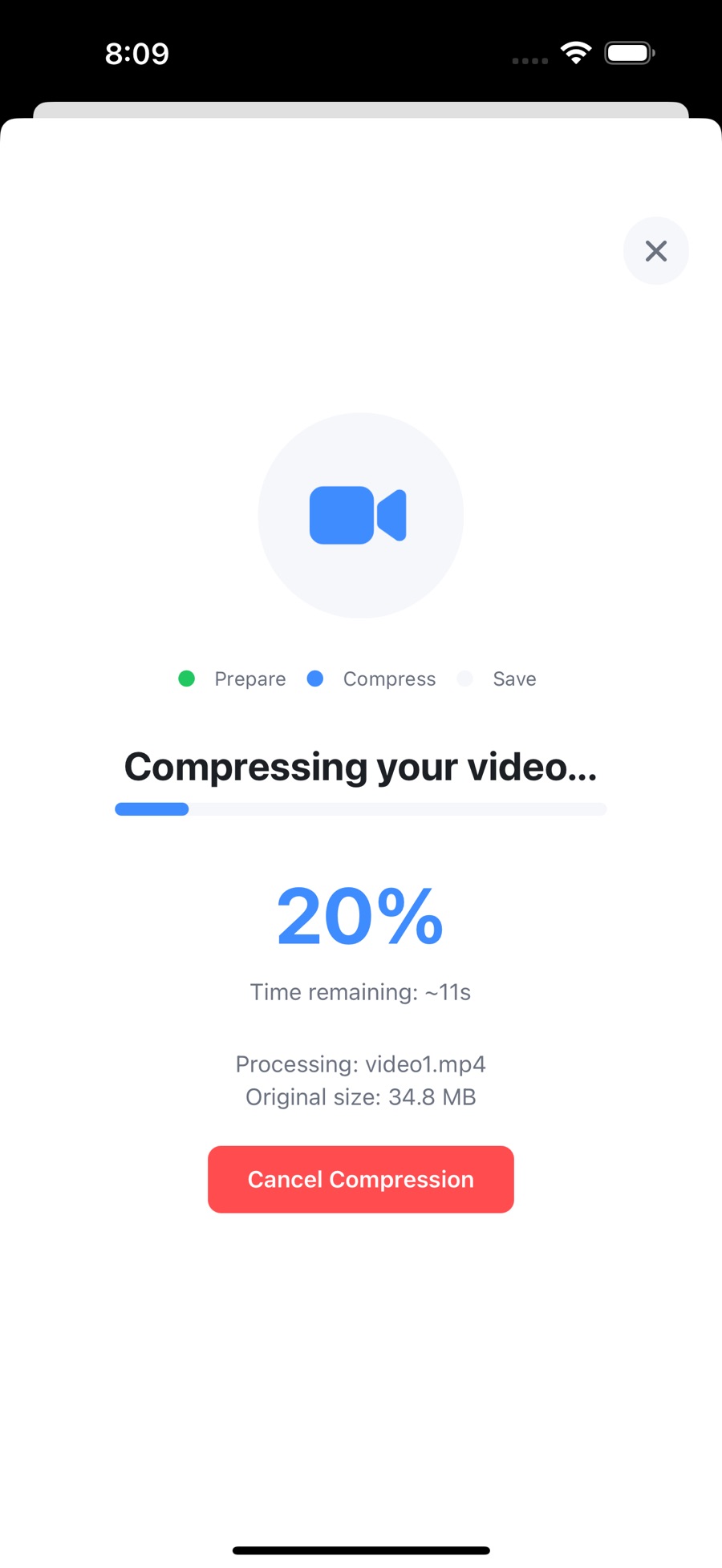 Compression running in ShrinkIt: 20% complete with about 11 seconds remaining, stage markers for Prepare, Compress and Save, and a Cancel Compression button.
