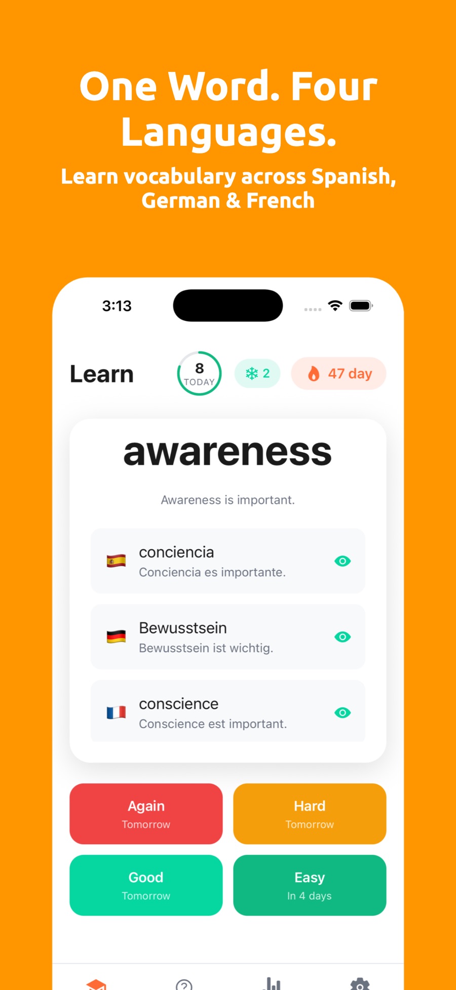 VocaStack's Learn screen with a 47-day streak and 8 words done today: the card for the English word awareness, its example sentence, and the Spanish conciencia, German Bewusstsein and French conscience translations each with an example, above Again, Hard, Good and Easy grading buttons scheduling the next review from tomorrow to four days out.