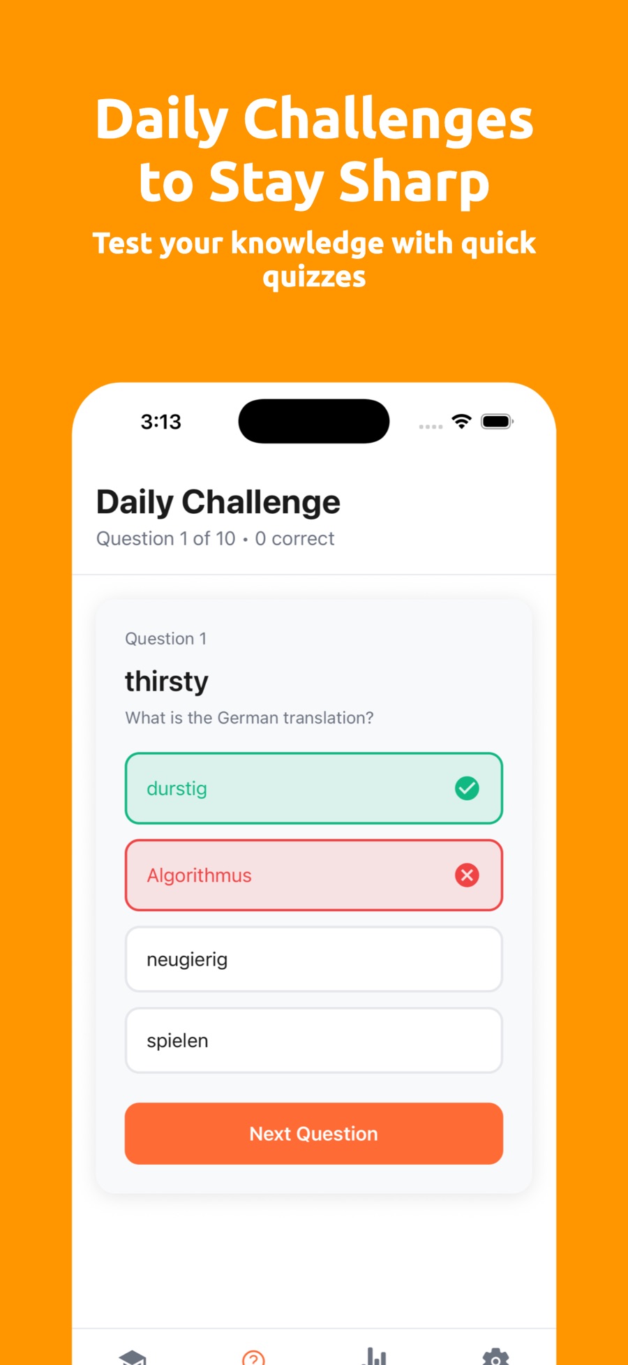 VocaStack's Daily Challenge, question 1 of 10: the English word thirsty with four German options, durstig marked correct in green and Algorithmus marked wrong in red, above a Next Question button.