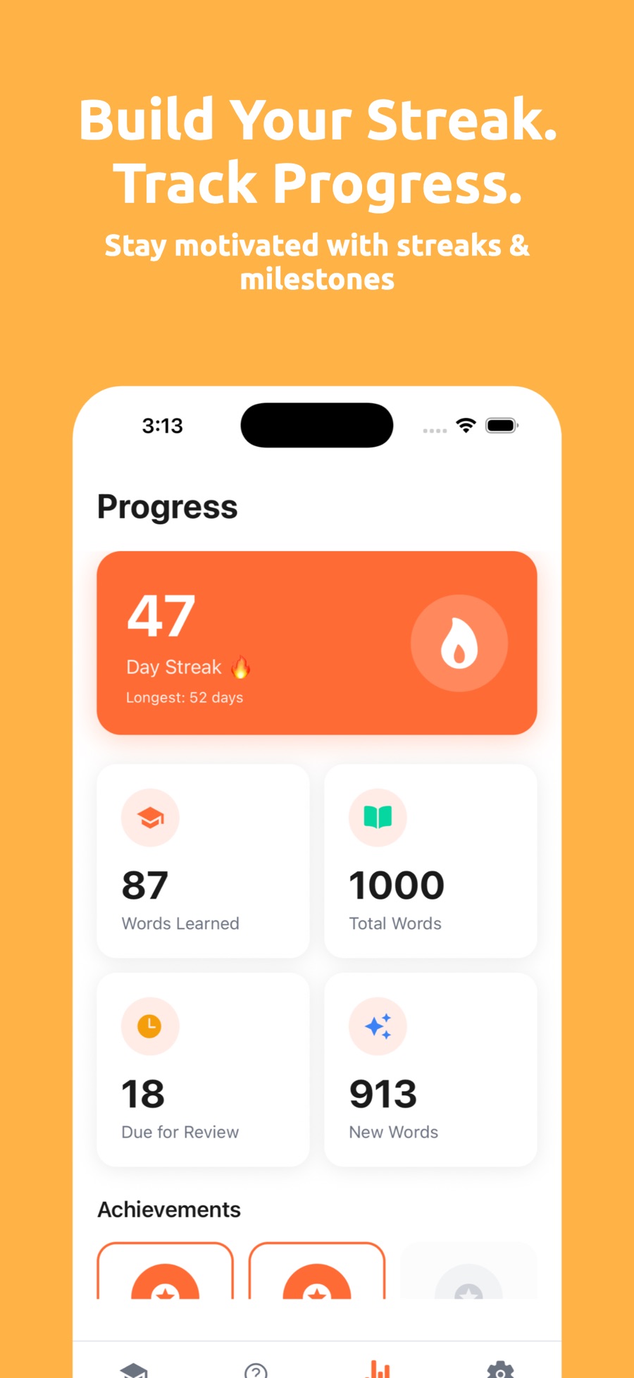VocaStack's Progress screen: a 47-day streak card noting a longest streak of 52 days, with tiles for 87 words learned, 1000 total words, 18 due for review and 913 new words, above an Achievements row of badges.
