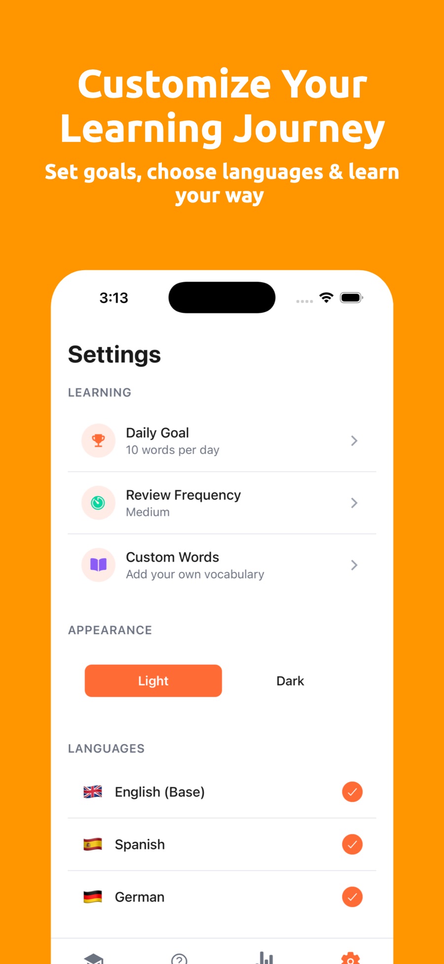 VocaStack's Settings screen with a daily goal of 10 words per day, a medium review frequency, a Custom Words option for adding your own vocabulary, a Light and Dark appearance switch set to Light, and English as base plus Spanish and German all enabled.