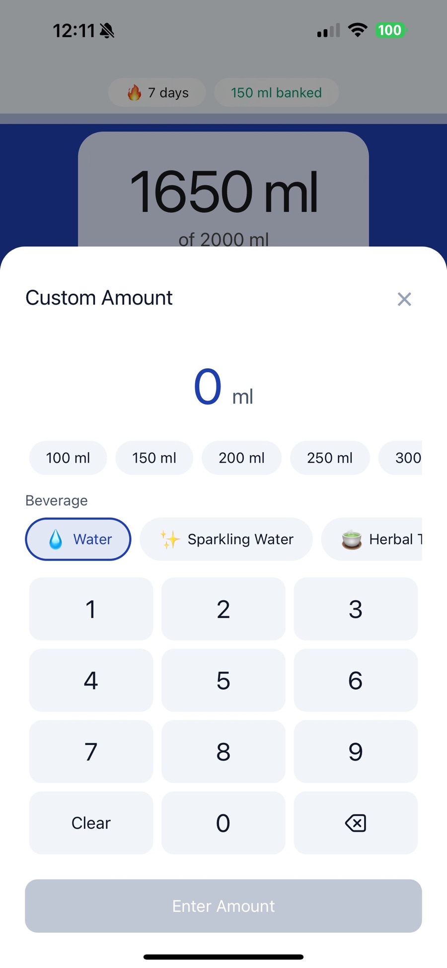 Brimful's Custom Amount sheet with preset chips for 100, 150, 200, 250 and 300 ml, a beverage row offering Water, Sparkling Water and Herbal Tea with Water selected, and a numeric keypad above an Enter Amount button.