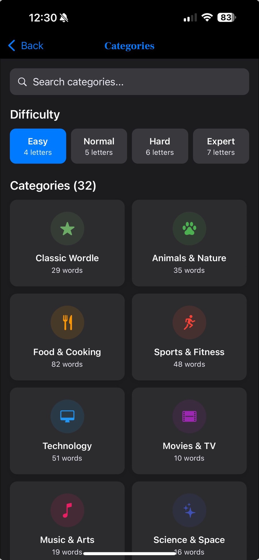 Categle's Categories screen with a search field and difficulty buttons for Easy 4 letters, Normal 5, Hard 6 and Expert 7 with Easy selected, above a grid of 32 categories including Classic Wordle with 29 words, Animals & Nature with 35, Food & Cooking with 82 and Technology with 51.
