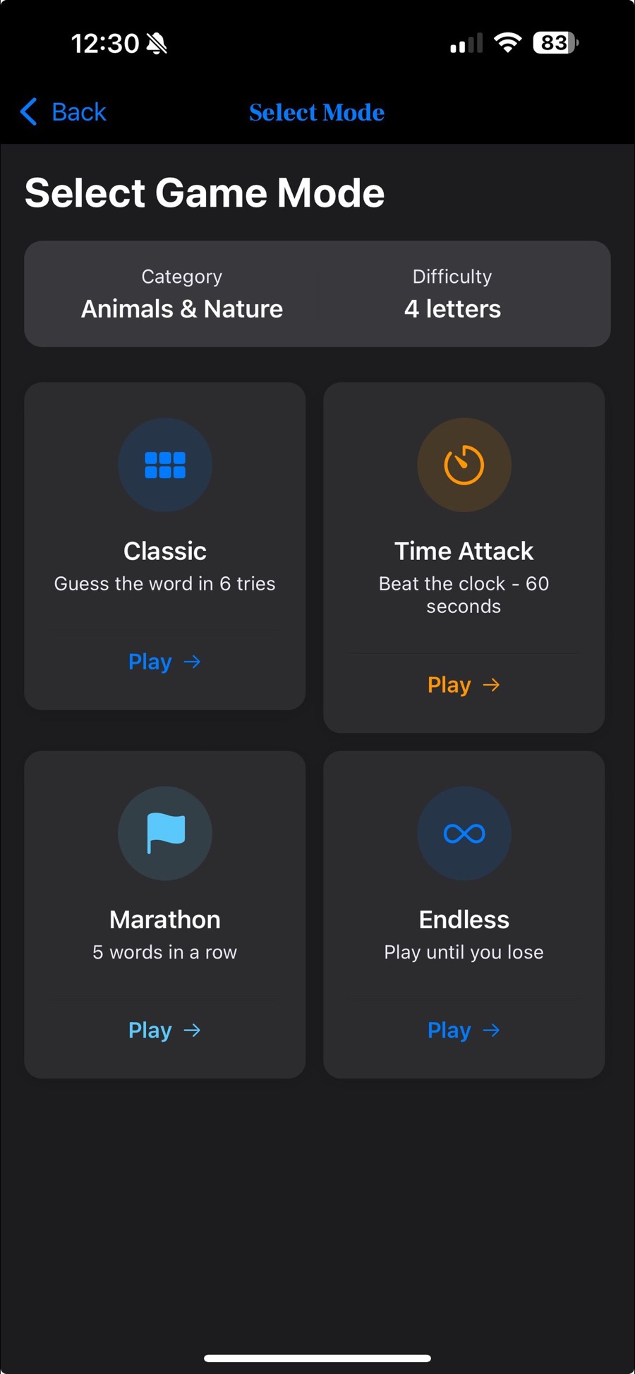 Categle's Select Game Mode screen for the Animals & Nature category at 4 letters, offering Classic to guess the word in 6 tries, Time Attack to beat a 60-second clock, Marathon for 5 words in a row, and Endless to play until you lose.
