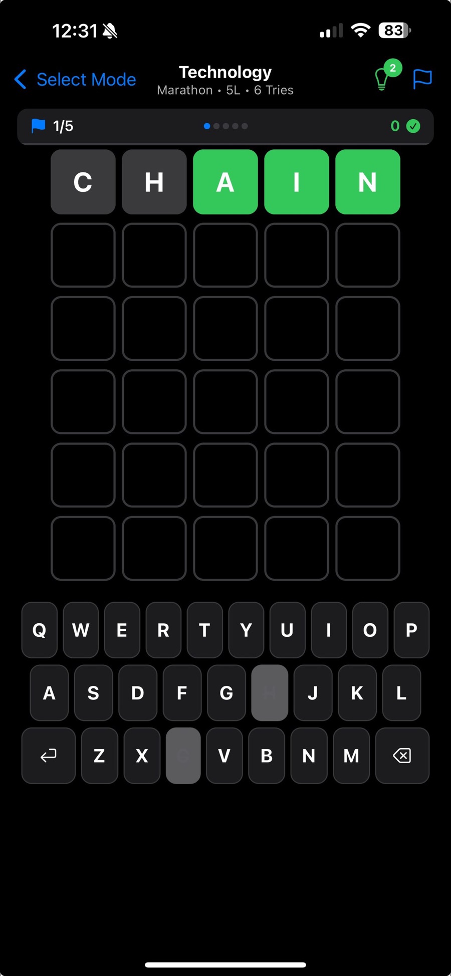 A Categle puzzle in the Technology category on Marathon, 5 letters and 6 tries, showing the guess CHAIN with A, I and N turned green and the rest of the six-row grid empty above the on-screen keyboard.